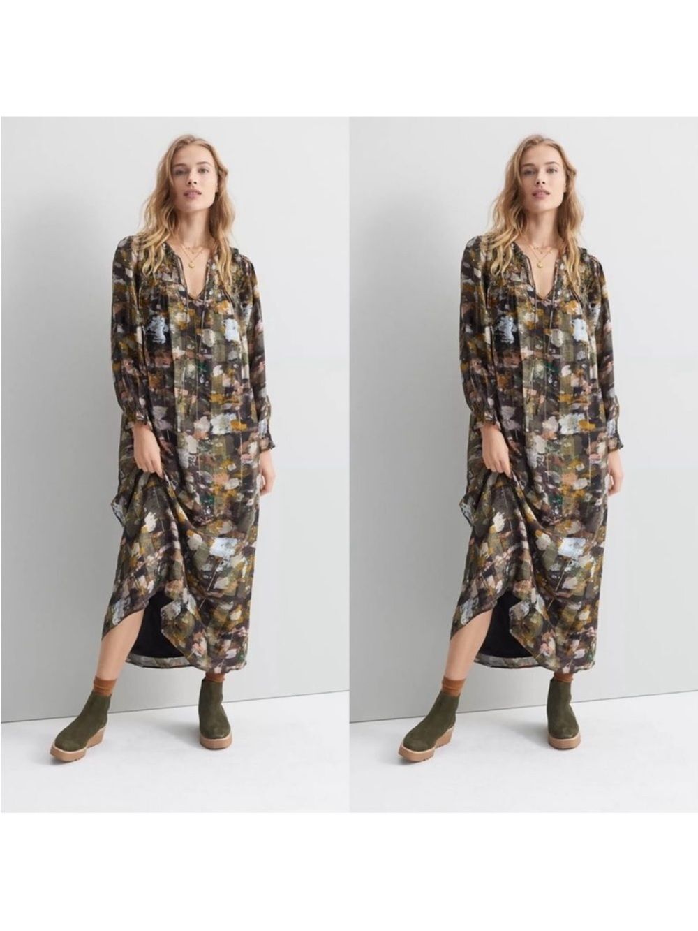 Anthropologie XS Blair Green Shimmer Long Sleeve Maxi Dress - Picture 1 of 16